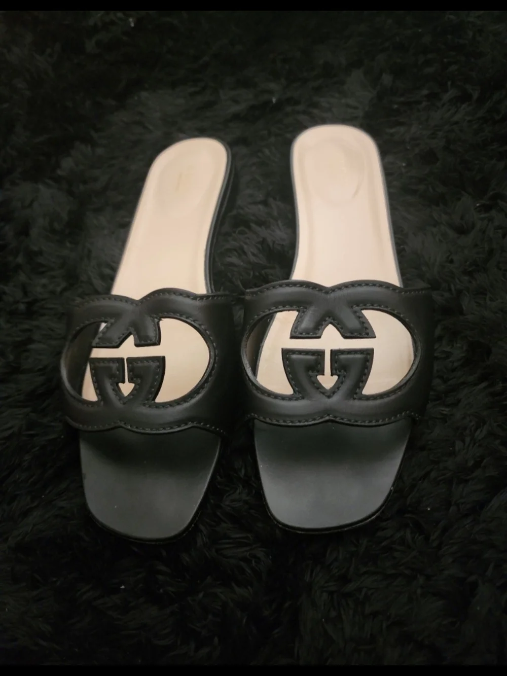 Gucci Black Leather GG Slide Sandals